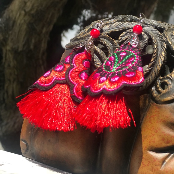 Beautiful Floral Boho Embroidered Tassel Earrings - Picture 2 of 8